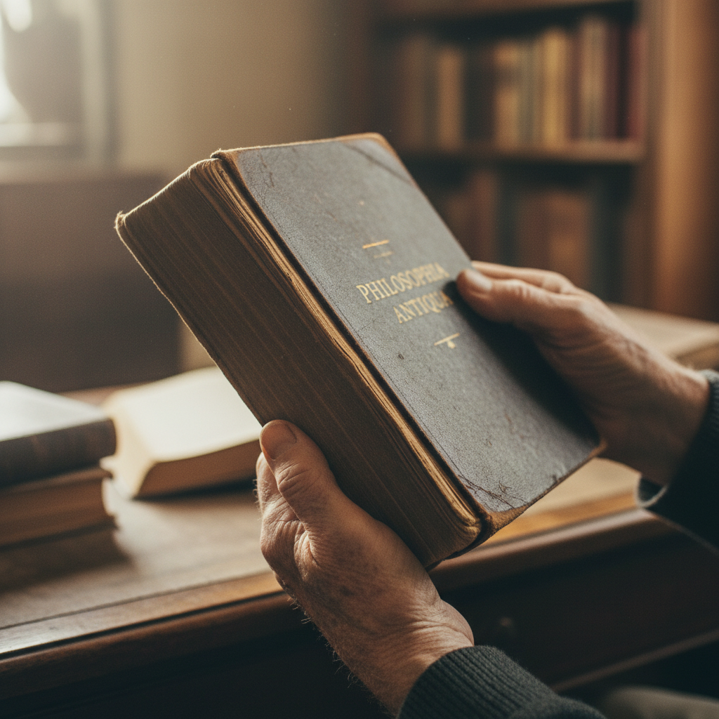 노란색으로 변색된 오래된 철학 책을 조심스럽게 들고 있는 노인의 손, 부드러운 초점과 대비가 강조된 시네마틱한 분위기.