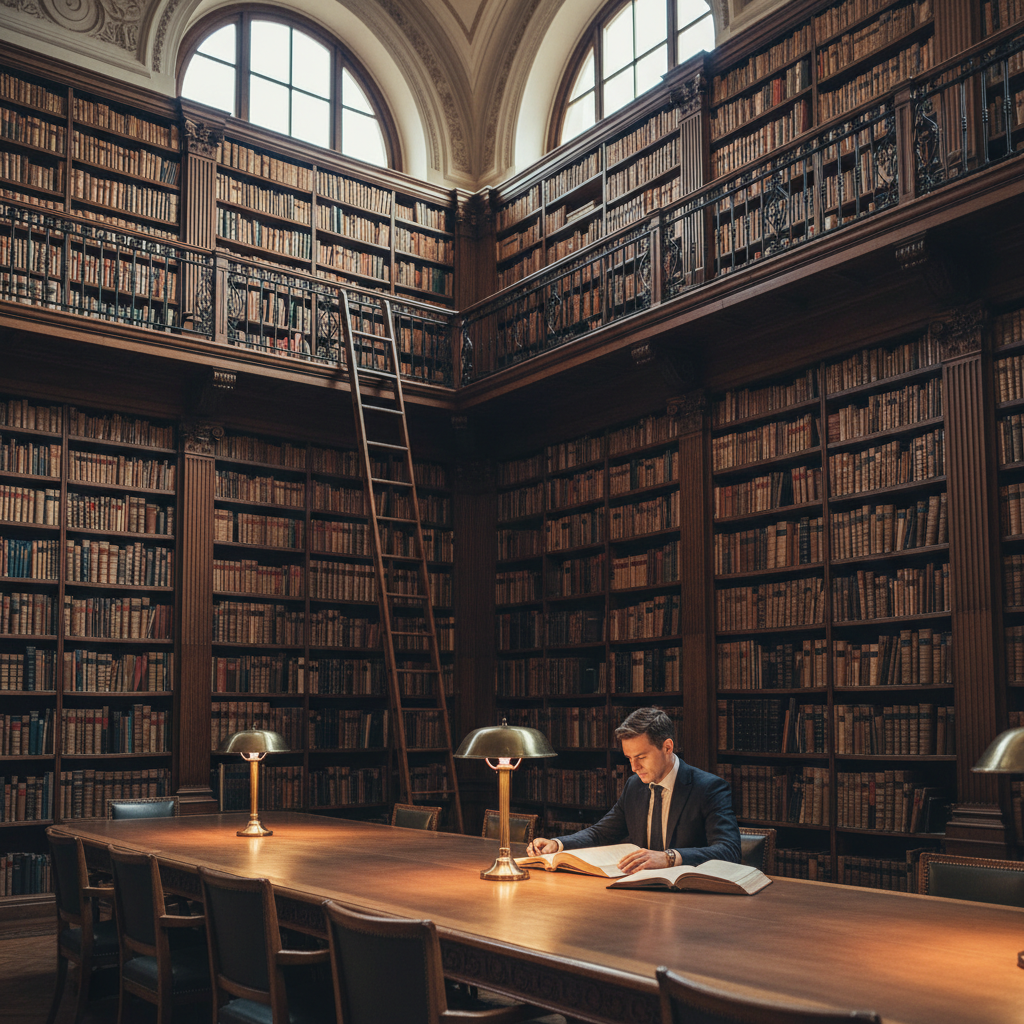 높은 천장과 긴 사다리, 수많은 고서들이 가득한 웅장한 고전 도서관 내부, 긴 테이블에 앉아 독서에 깊이 몰입한 한 사람의 전경.